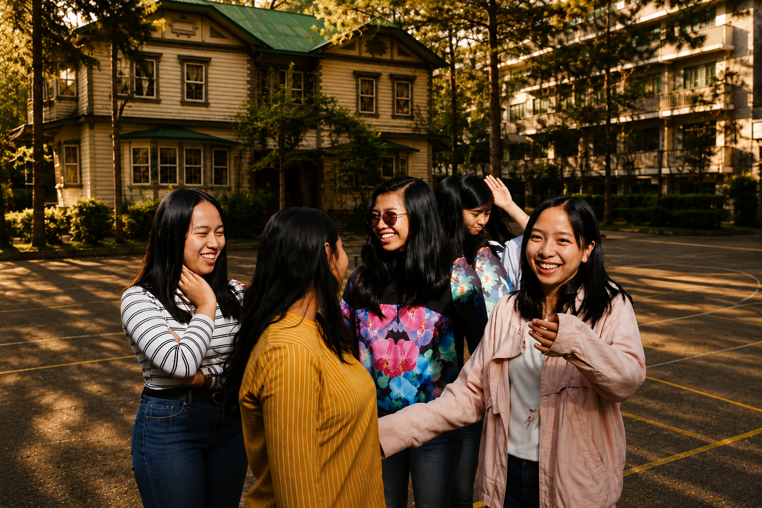 Students outside the school building, smiling and engaging with each other, with a backdrop of the school and forest in the distance.